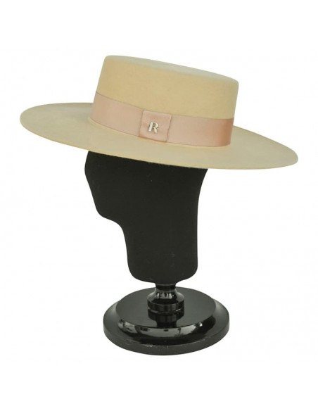 Florence Bridal Hat Wide Brim Beige - Canotier Felt Hat Cream -  Wedding Hats - Raceu Hats