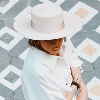 Florence Bridal Hat Wide Brim Beige - Canotier Felt Hat Cream -  Wedding Hats - Raceu Hats
