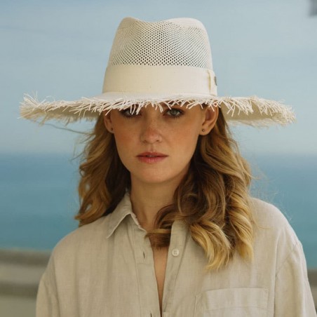 Santorini Straw Hat White - Frayed Wide-Brimmed - Fedora for Women