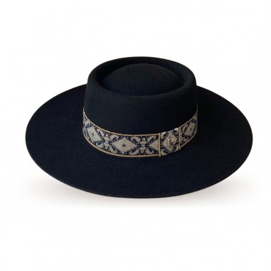 Phoenix Black Wool Felt Canotier Hat - Winter Hats - Raceu Hats