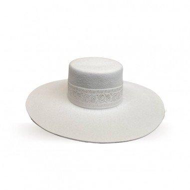 Torino Off White Wool Felt Bridal Hat Boater Style - Crown and Brim rigid - Raceu Hats