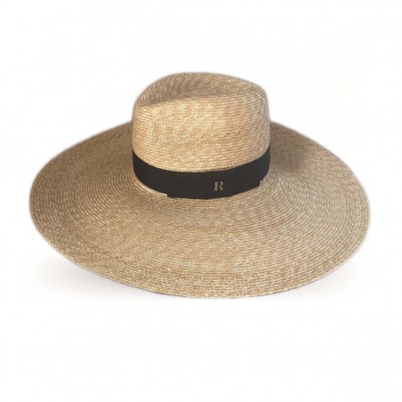 Women's Wide Brim Stitched Straw Hat decorated with Black Ribbon - Raceu Hats