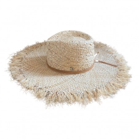 Women's Summer Hat made in 100% Natural Straw, Fedora Style with Extra Wide Brim and Frayed Edges - Raceu Hats