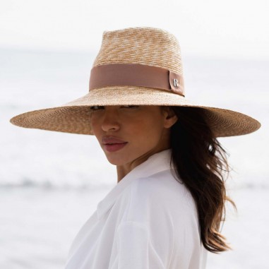 Women's Wide Brim Stitched Straw Hat decorated with Brown Ribbon - Raceu Hats