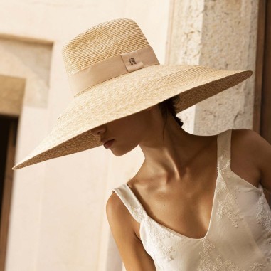 XXL extra wide bridal Fedora style hat, hand sewn in wheat straw and natural color, beige ribbon - Raceu Hats