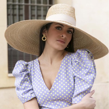Extra Large Wide Brim Wedding Guest Hat, hand sewn in wheat straw and natural color, beige ribbon - Raceu Hats