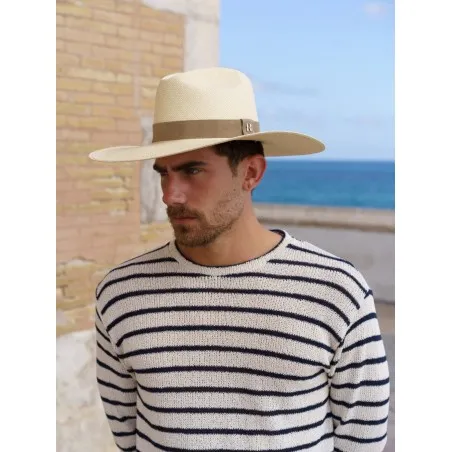 Sombrero Panamá Hombre Cinta Piel Azul Marino SOHO Elegante y Artesanal