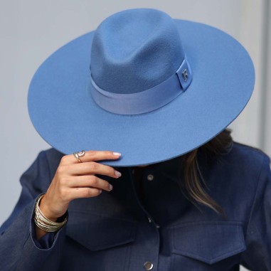 Fedora-Hut für Damen mit breiter Krempe, hergestellt aus 100% Elektroblauem Wollfilz - Raceu Hats
